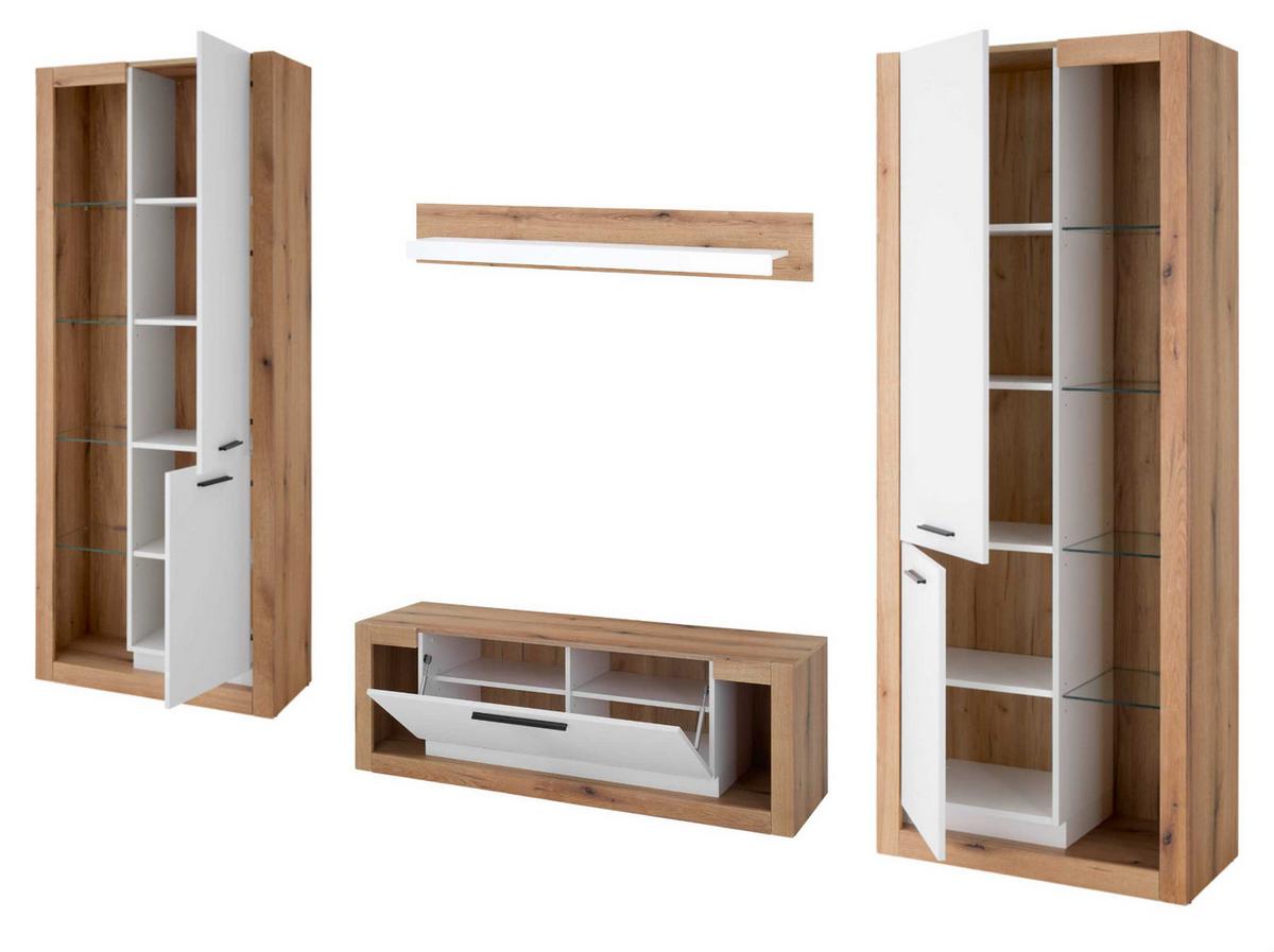 WOHNWAND weiß matt, Evoke Eiche, Wohnkombination Set 4-teilig 350 cm - Eichefarben/Silberfarben, Glas/Holzwerkstoff (350/195/43cm) - Furn.Design