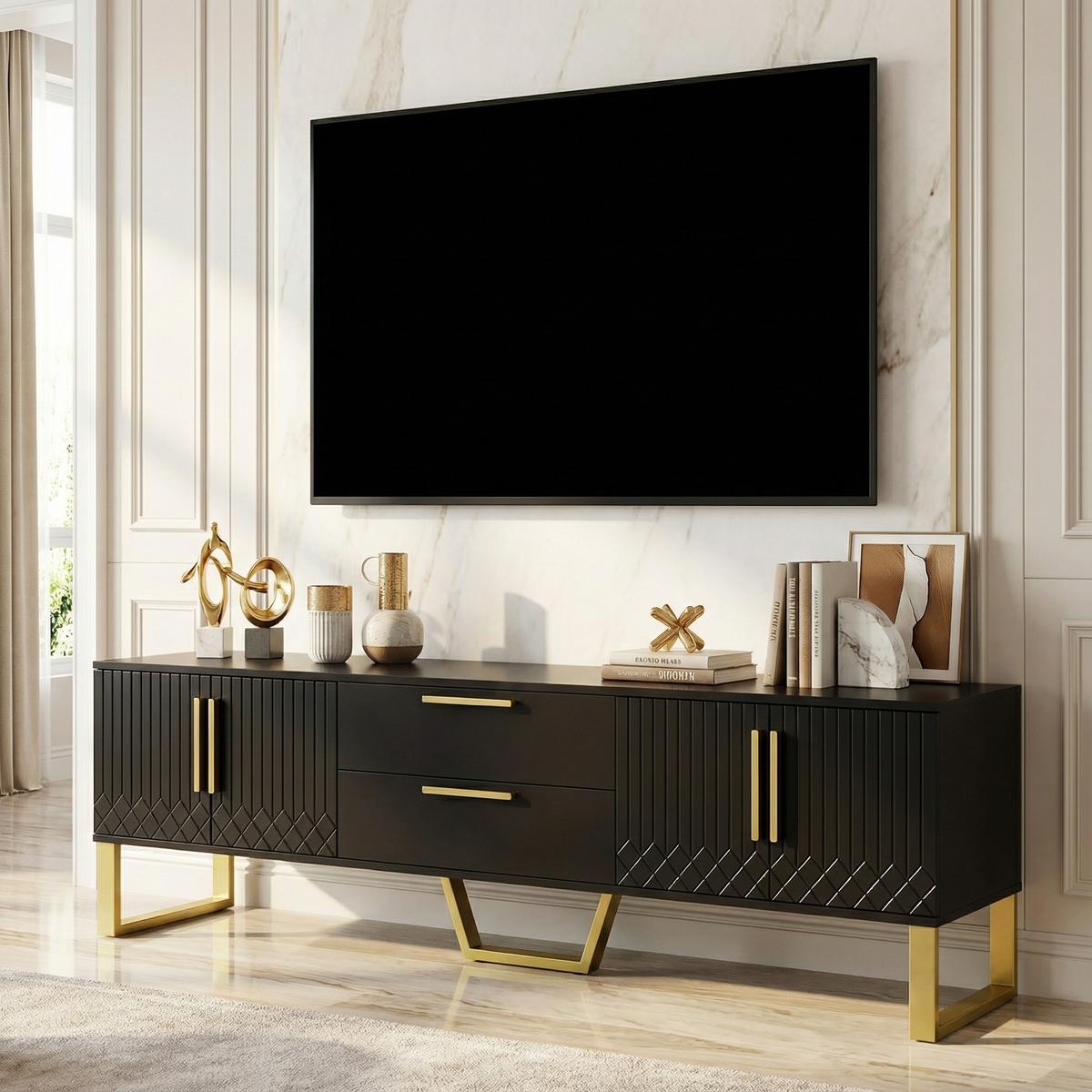 TV-SCHRANK 170 cm in Schwarz Hochglanz & Gold - Weiß, Holzwerkstoff (170/54/40cm) - Urban Meuble
