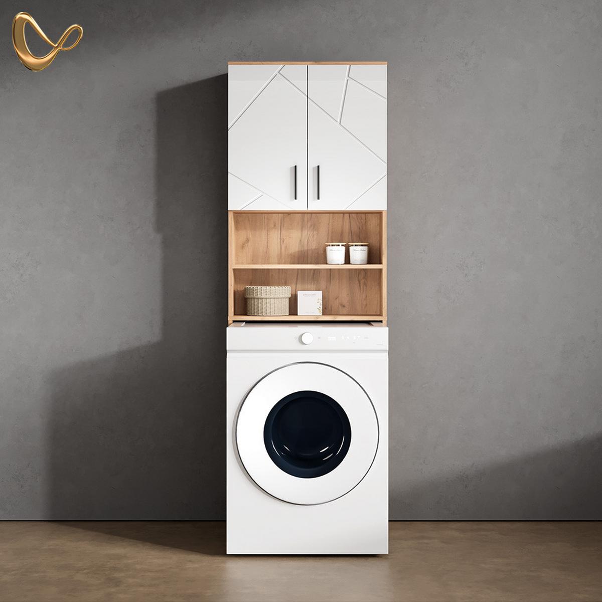 WASCHMASCHINENSCHRANK Ronco Weiß Hochglanz/Goldkraft Eiche 64 x 190.5 cm - Honigeiche/Weiß Hochglanz, Holzwerkstoff (64/190.5/26cm) - Livinity®