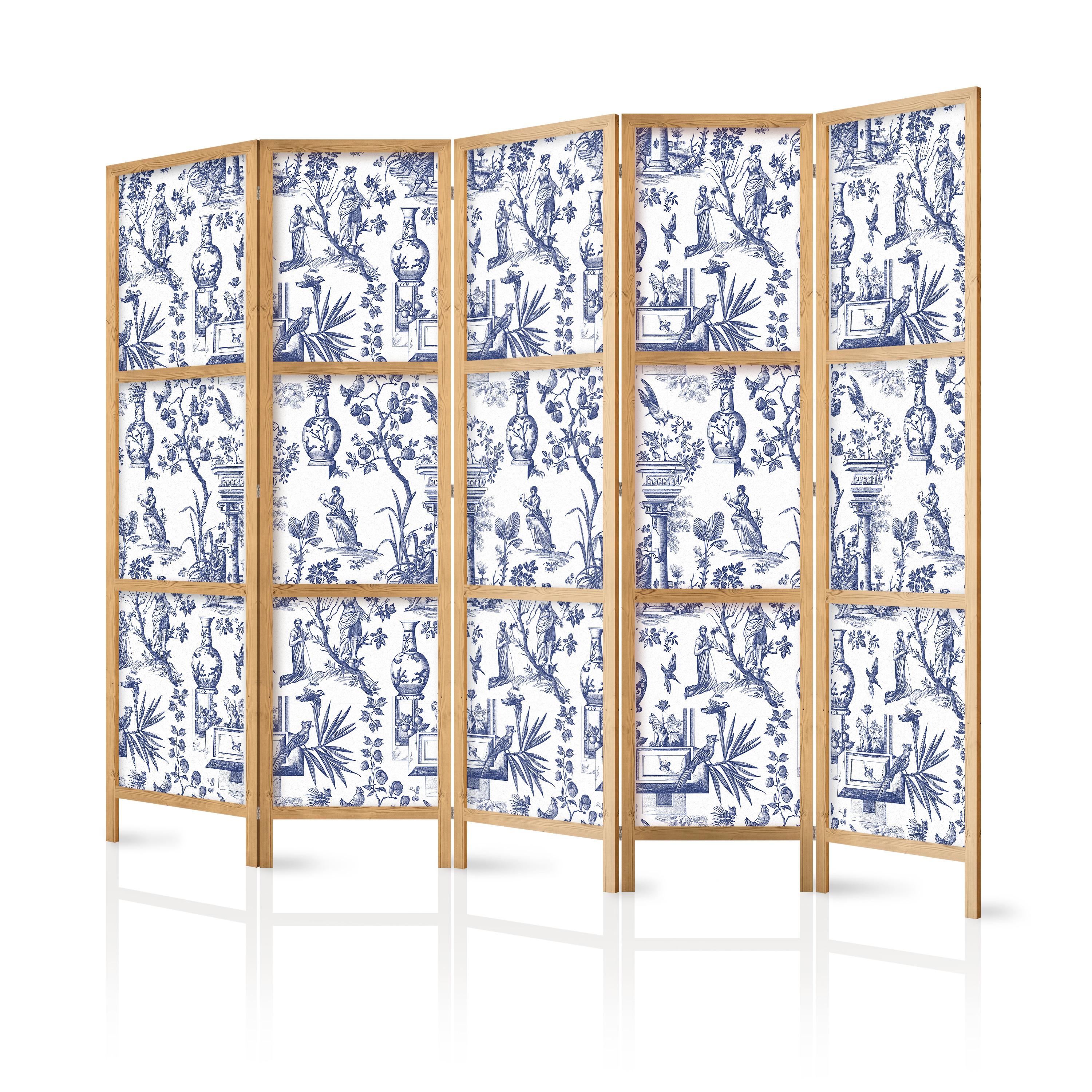 PARAVENT Japanischer 5-tlg 225x172 cm Rom Botanik - Blau, Holz/Textil (225/172/3cm) - Muralo