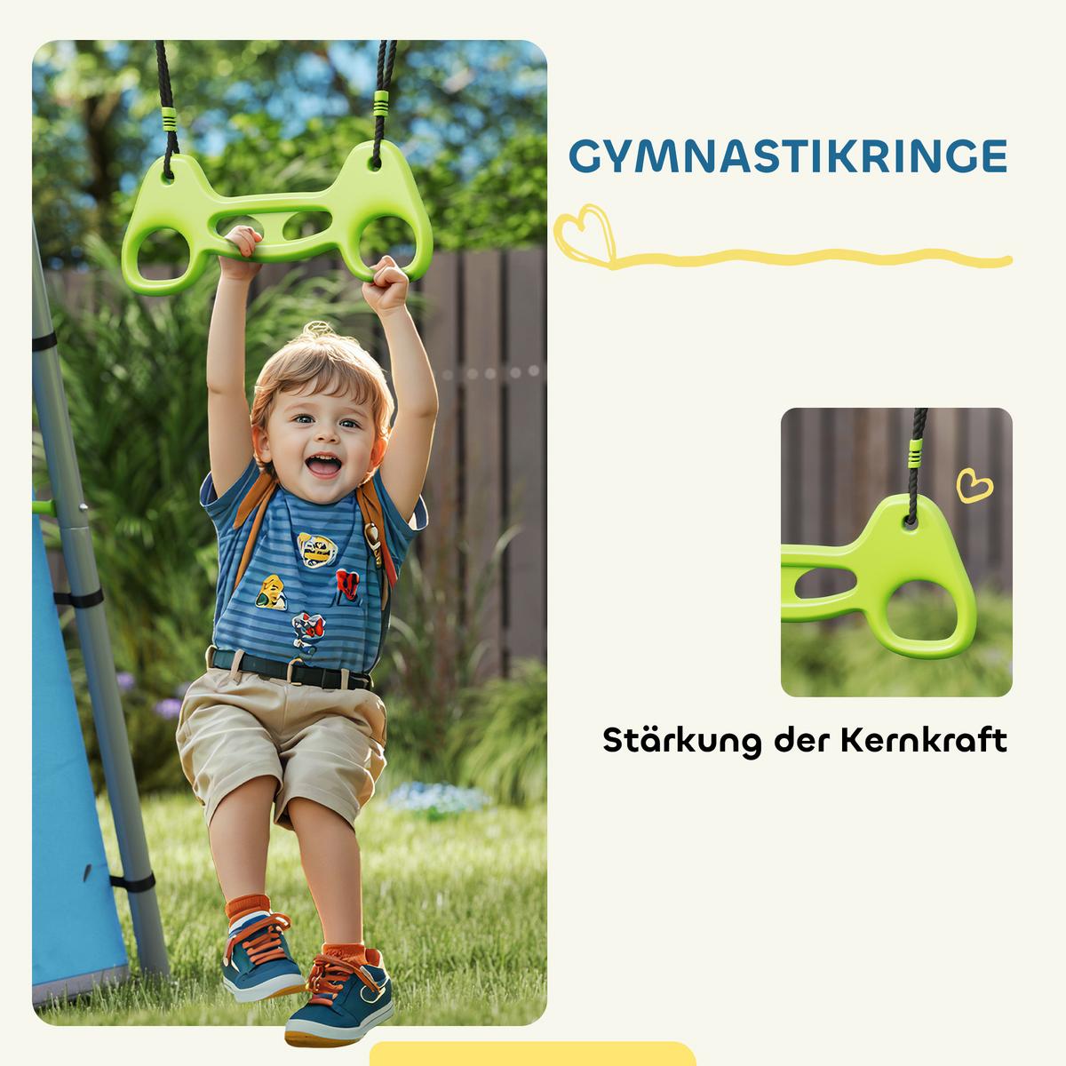 3 in 1 Schaukelgestell Schaukelgerüst mit Spielzelt, Schaukel und Turnringe - Grün, Metall (180/283cm) - AIYAPLAY