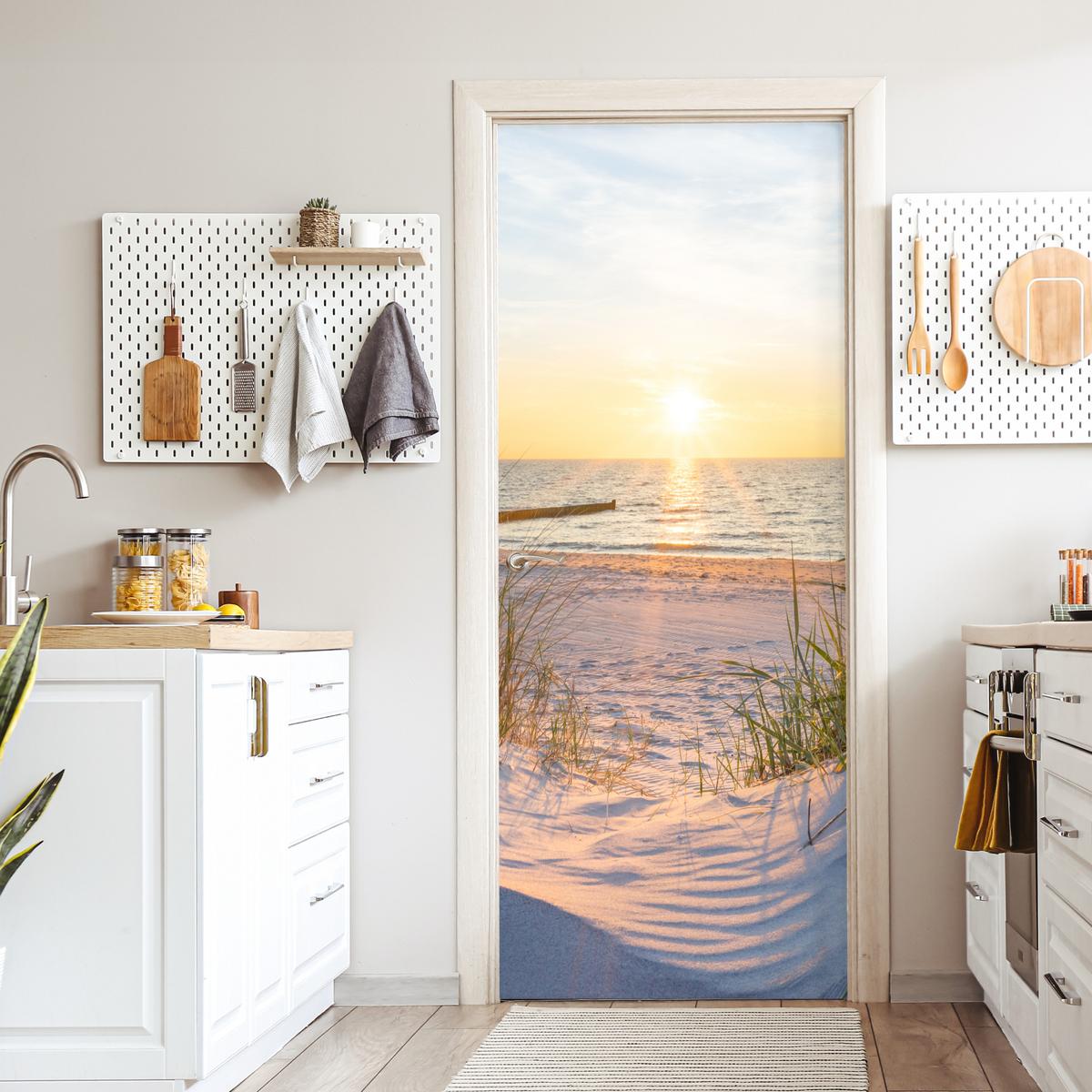 TÜRAUFKLEBER Strand - Sonne - Düne - Gras - Sand - Horizont 90x215 cm - Türtapete - Dunkelgelb, Kunststoff (90/0.1cm) - MuchoWow