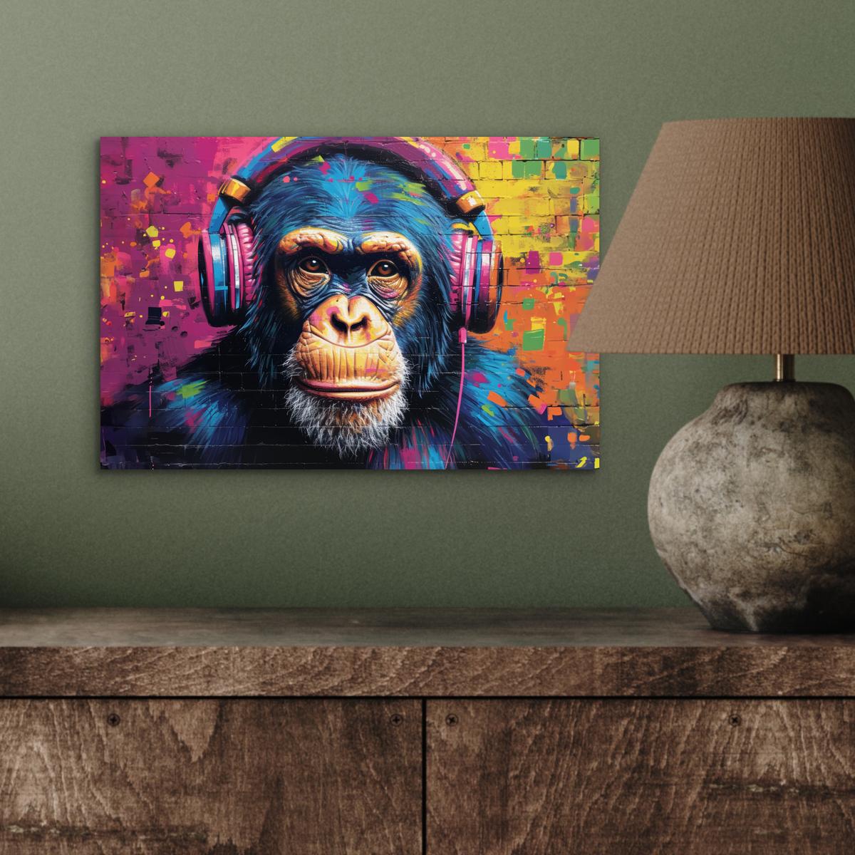METALLBILD Graffiti - Schimpanse - Straßenkunst - Kopfhörer - Affe 30x20 cm - Blau, Metall (30/20cm) - MuchoWow