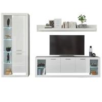 WOHNWAND 3-teilig weiß Hochglanz 298 cm, Schrankwand modernes Design - Weiß Hochglanz/Silberfarben, Glas/Holzwerkstoff (298/198/43cm) - Furn.Design