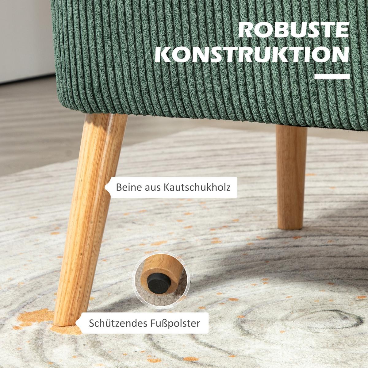 2 Sitzer Sofa, Gepolsterte Couch mit Kordoptik, Holzbeine für Wohnzimmer, Grün - Waldgrün/Naturfarben, Holz/Textil (56.5/77/117cm) - HOMCOM