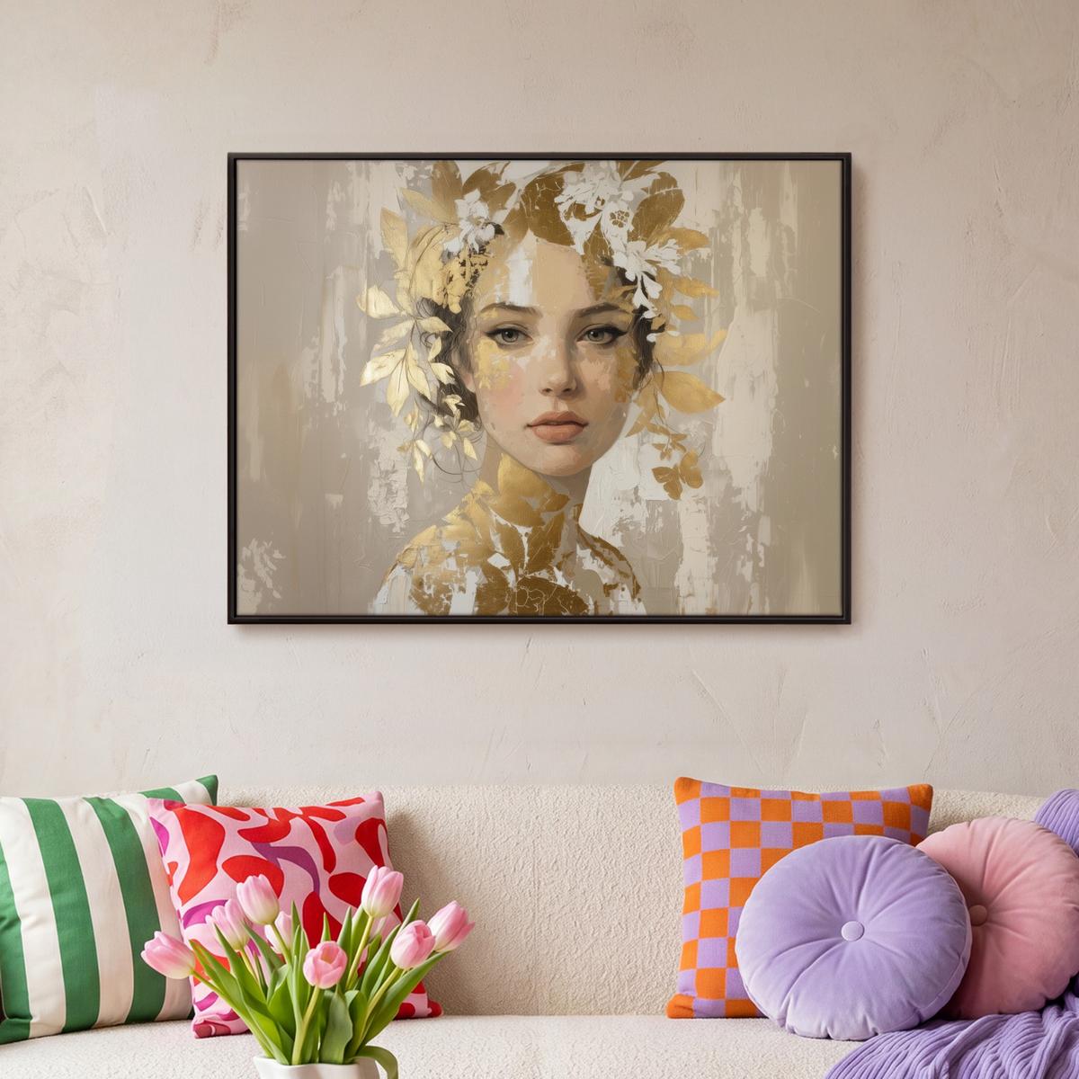 LEINWAND Bilder mit Rahmen - Gesicht - Frau - Blätter - Gold - 70x50 - Beige, Textil (70/50cm) - MuchoWow