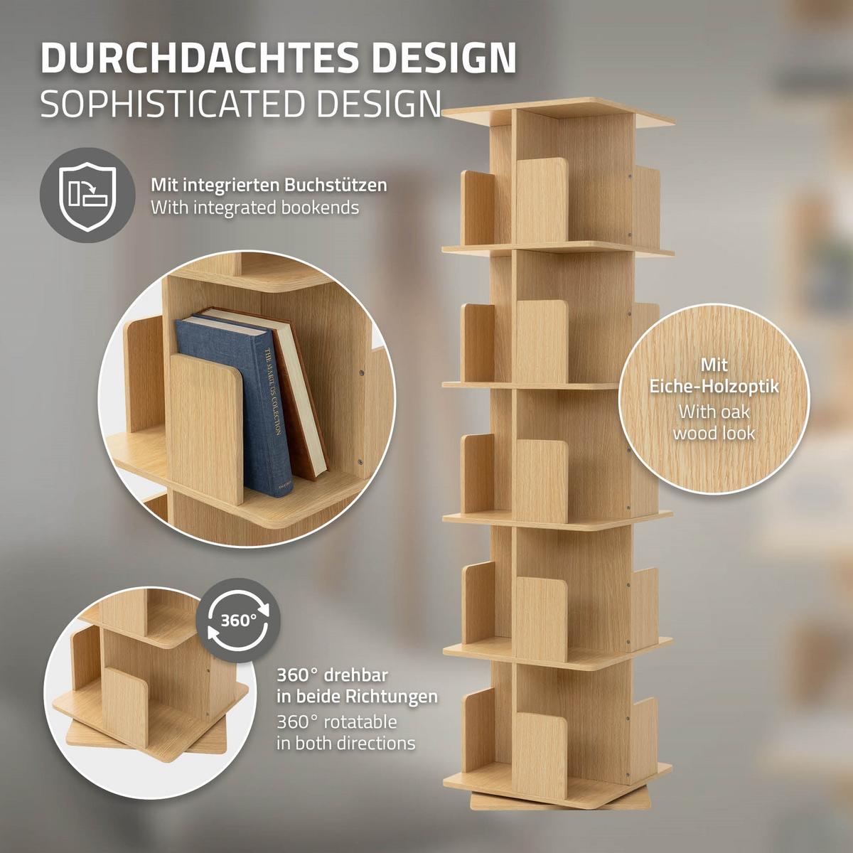 BÜCHERREGAL Kinder mit 5 Ebenen Eiche 40x155x40 cm Drehbar 360 Grad - Beige, Holzwerkstoff (40/155/40cm) - ML-DESIGN