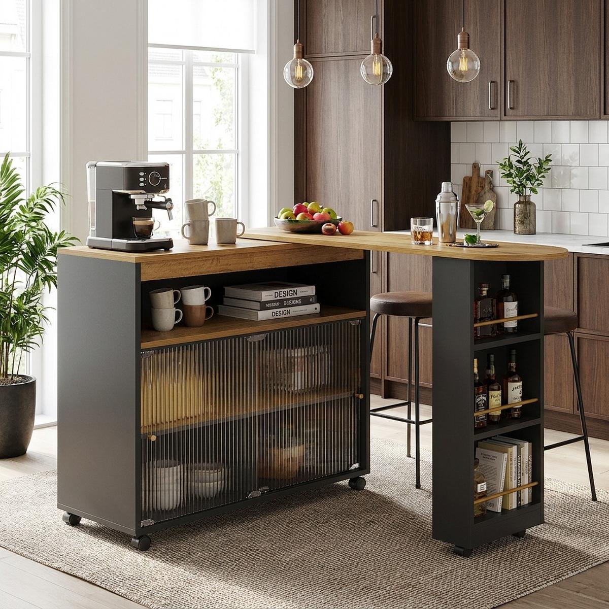 BARTISCH ausziehbar mit led & rollen - Schwarz, Holzwerkstoff (39/138/105cm) - Urban Meuble