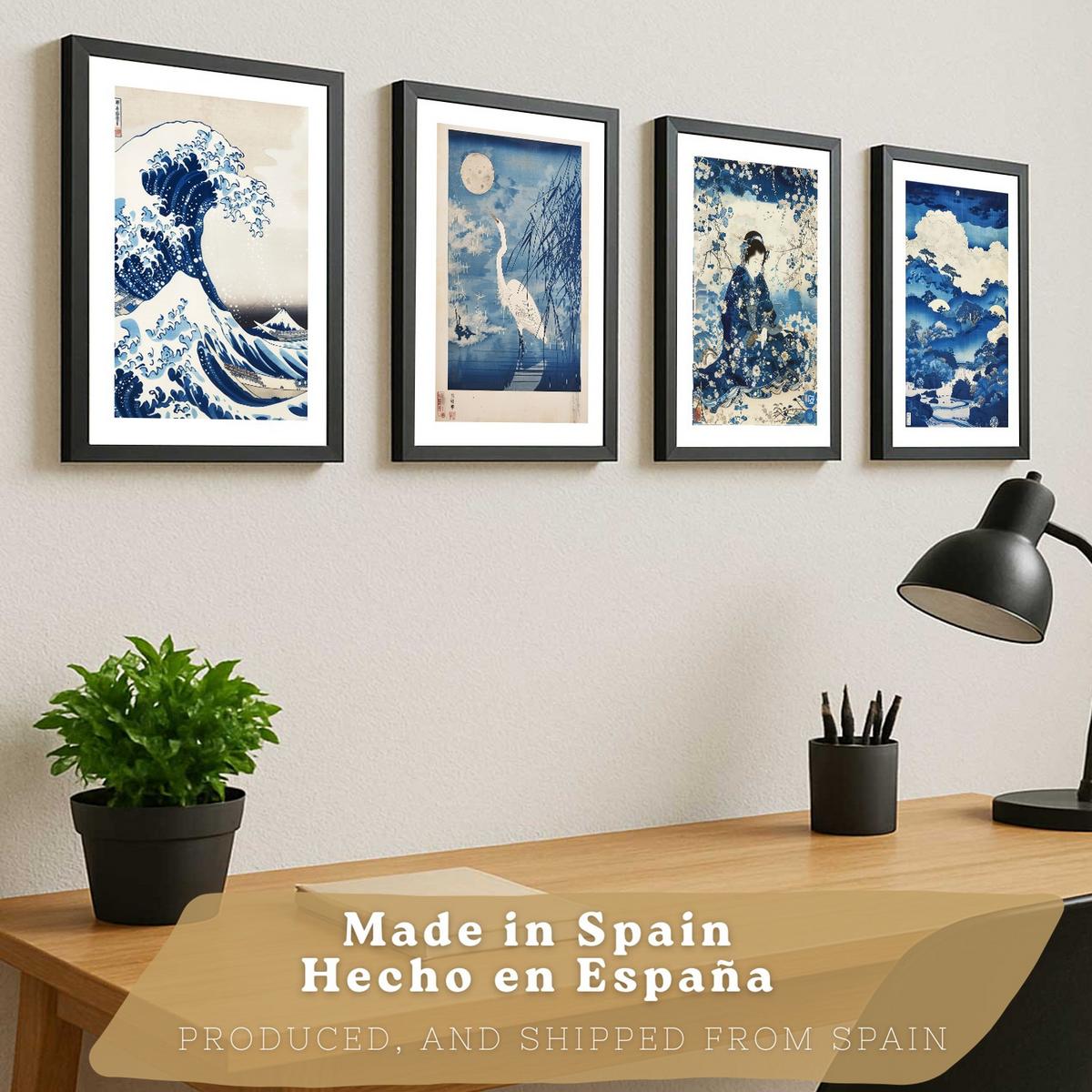 POSTER 4er Bilder-Set Wandbilder Japanisch modern Wohnzimmer Deko, Schlafzimmer, Küche, Badezimmer Schwarzer Rahmen A4 - Schwarz, Papier (29.7/1/21cm) - Nacnic