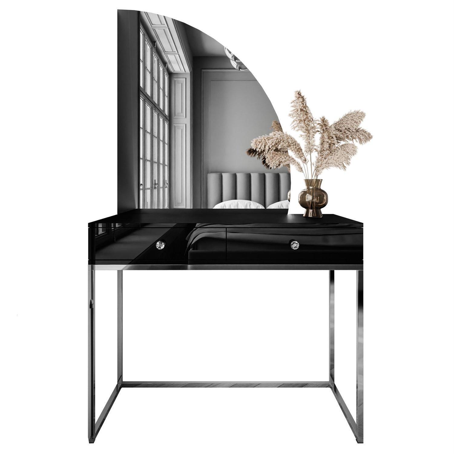 SCHMINKTISCH schwarz QUINNIE GLAMOUR mit LED-Spiegel rechts Griff Kristall - Silberfarben/Schwarz, Holzwerkstoff (100/176/42cm) - Lookway