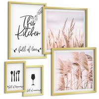 BILDER SET 5er Set - 50x50 cm & 20x30 cm & 40x60 cm Goldrahmen - Abstrakte Blattmalerei - Goldfarben, Kunststoff (40/60cm) - TULUP