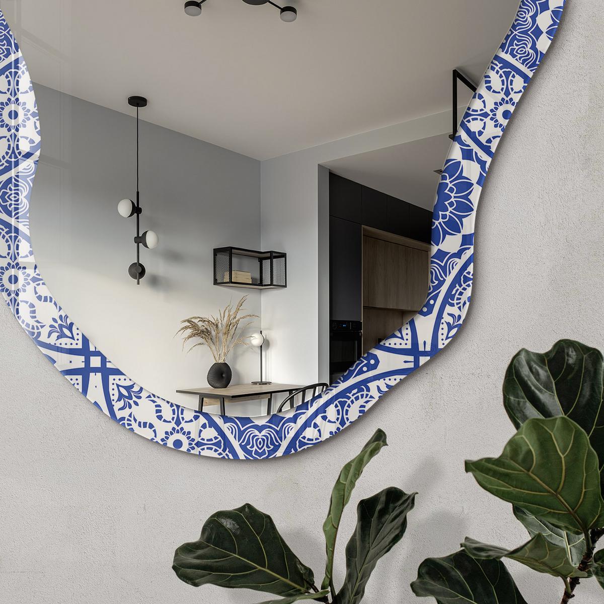 SPIEGEL 90x45 cm asymmetrisch mit Druck - Blaues Mosaik - Transparent, Glas (45/90/0.4cm) - TULUP