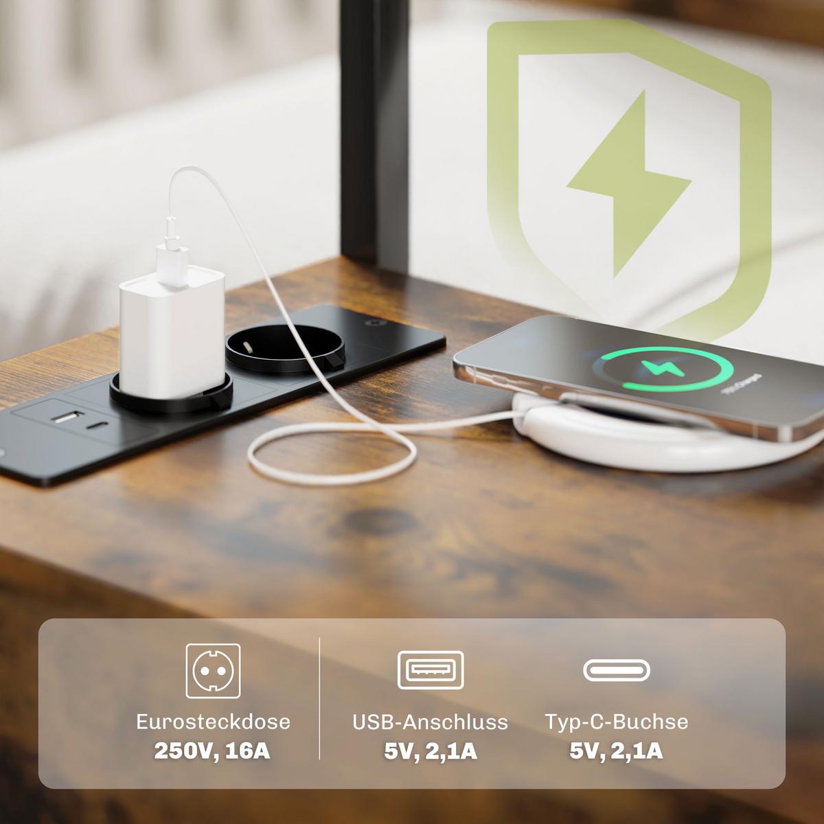 BEISTELLTISCH Couchtisch mit Aufladestation, USB-Anschlüssen und Steckdosen - Braun, Holzwerkstoff (55/35/58.5cm) - HOMCOM