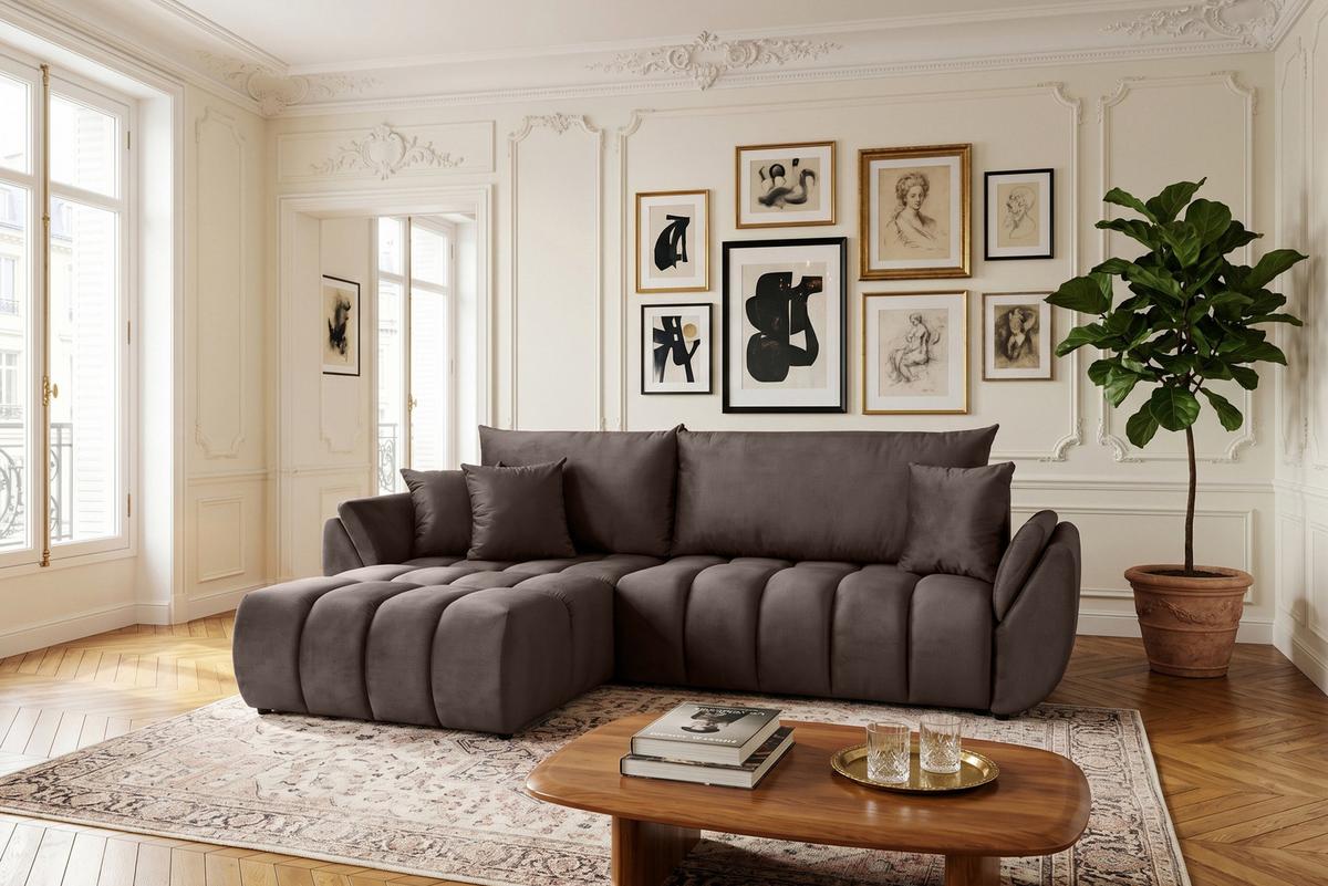 ECKSOFA Iris mit Schlaffunktion und Bettkasten, links oder rechts montierbar – Braun Samt 280/184/85 cm - Schwarz/Braun, Kunststoff/Textil (280/184cm) - WFL GROUP
