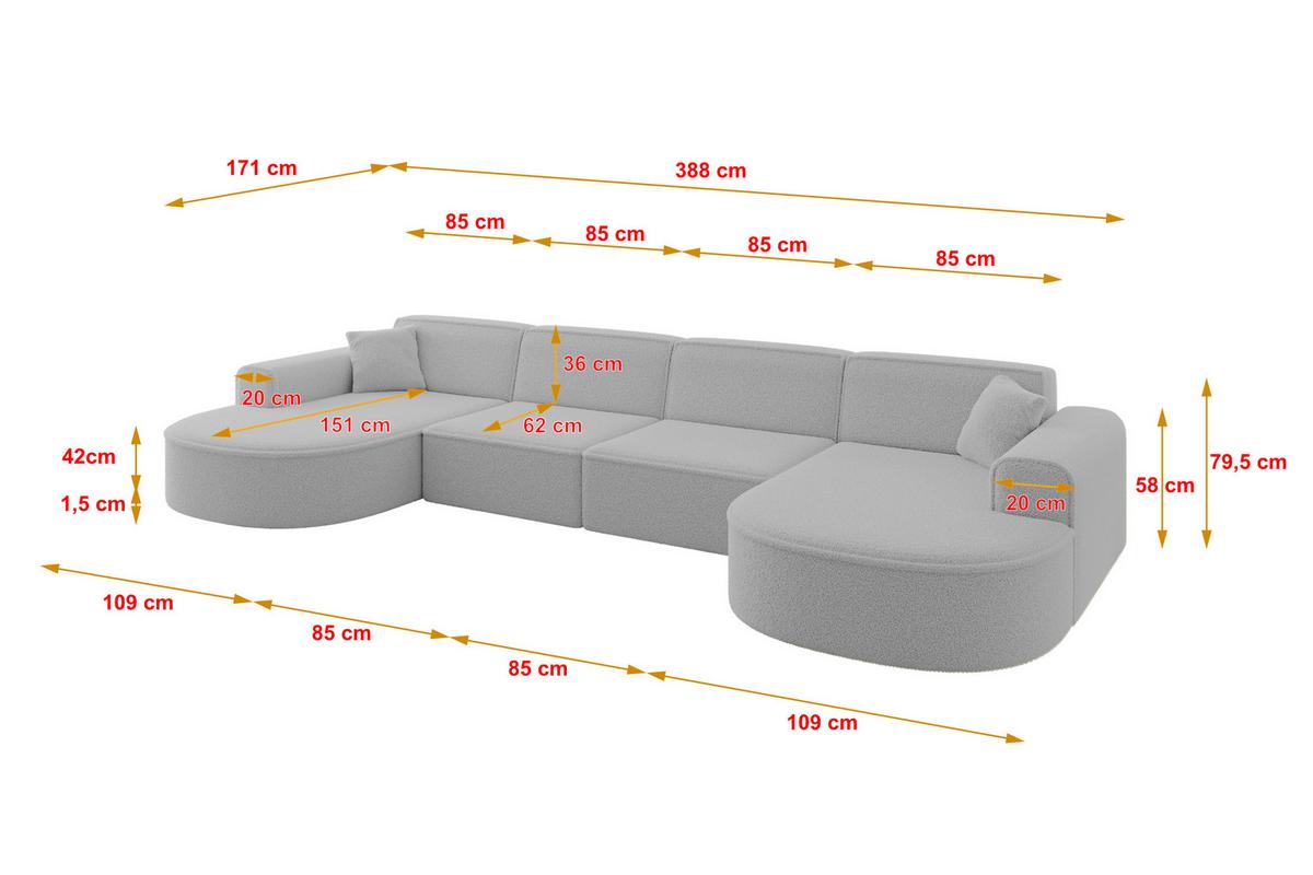 WOHNLANDSCHAFT MARI-U2 - 388x171x79 cm Hellgrau Bouclé - Hellgrau/Schwarz, Holzwerkstoff/Kunststoff (388/79/171cm) - ALTDECOR