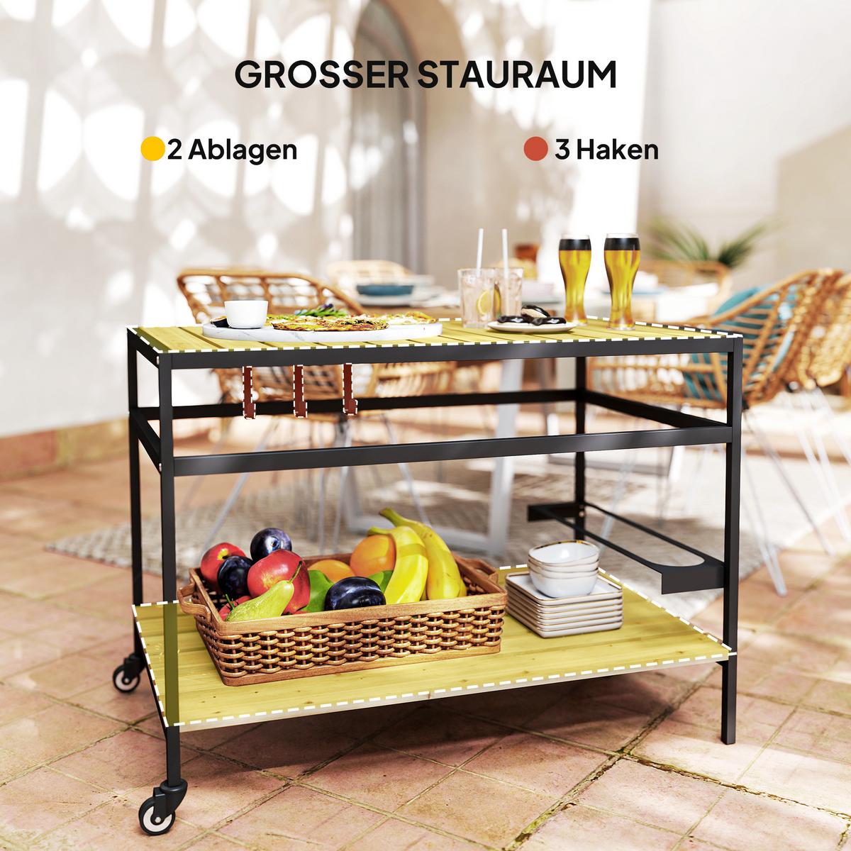 SERVIERWAGEN, Barbecue Trolley mit 2 Regalen, Haken für Garten, Balkon, Natur - Fichtefarben, Metall (65/80/107cm) - Outsunny