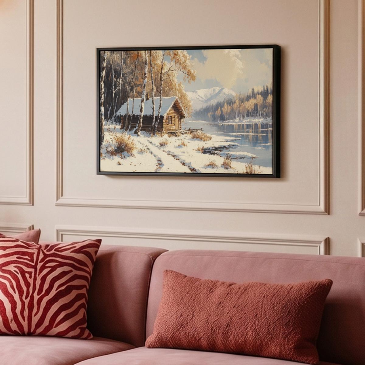 LEINWAND Bilder mit Rahmen - Winter - Schnee - Zuhause - Natur - 60x40 - Hellbraun, Textil (60/40cm) - MuchoWow