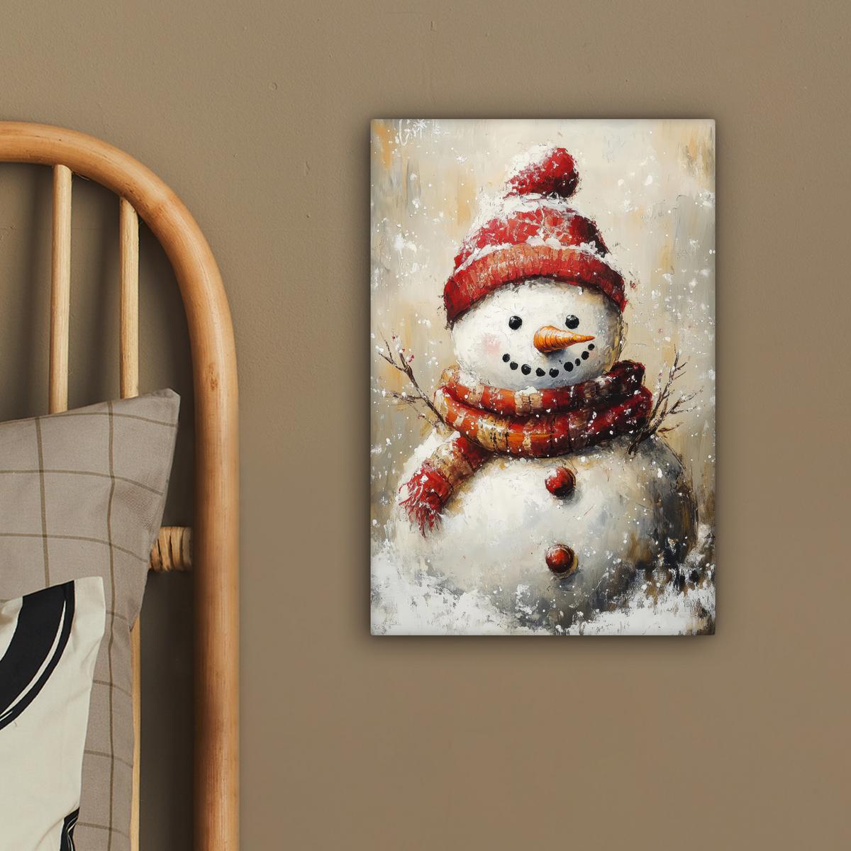 LEINWANDBILD Schneemann - Winter - Schnee - Beige Deko Wohnzimmer 20x30 cm - Weiß, Textil (20/30cm) - MuchoWow