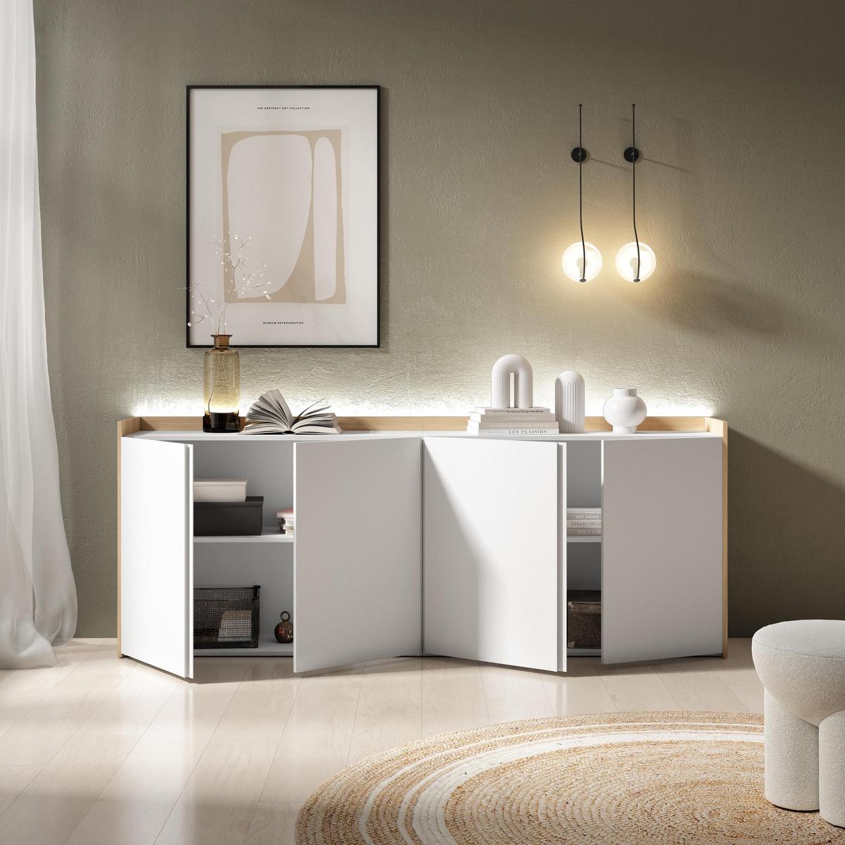 SIDEBOARD, Weiß und Eiche, 207/35/80cm, mit Led - Weiß, Holzwerkstoff (207/80/35cm) - Skraut Home