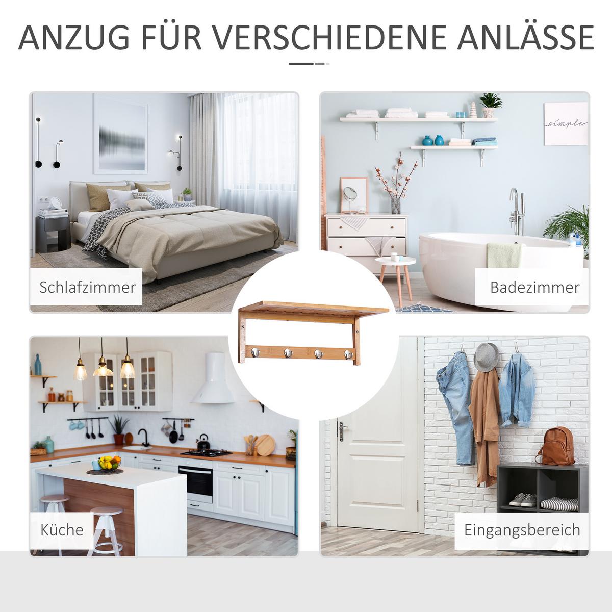 WANDGARDEROBE mit Haken Braun - Naturfarben, Holz/Bambusholz (16/17.5/50cm) - HOMCOM