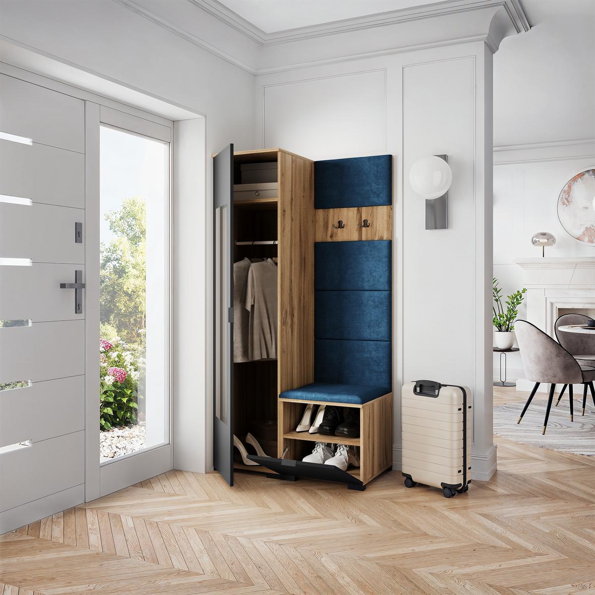 GARDEROBENSCHRANK VIRA 95/181/51 cm Modern Garderobe-Set Eiche Wotan - Blau/Eiche Wotan, Holzwerkstoff (95/181/51cm) - MASSENO