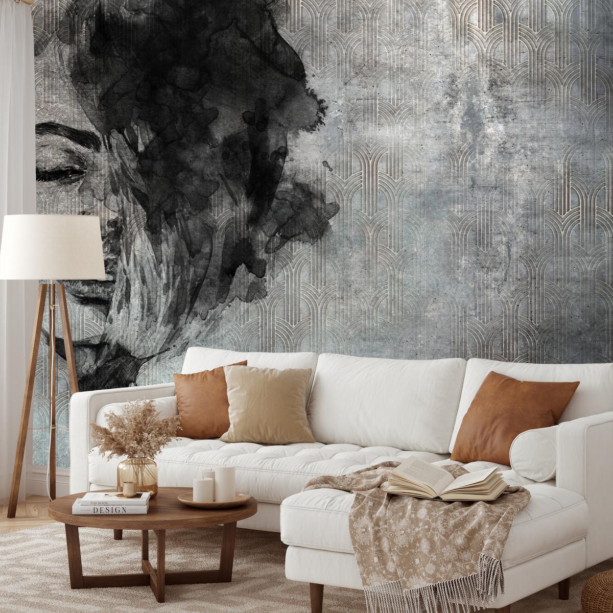 FOTOTAPETE für Wohnzimmer Abstrakte Frau Porträt Beton Ornament 100x70 - Grau, Papier (100/70cm) - Muralo