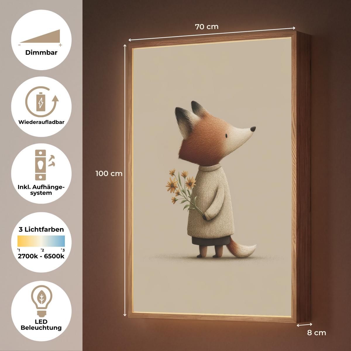 WANDLEUCHTE MIT AKKU Fuchs - Gelbe Blumen - Minimalistisch 70x100 cm - Taupe, Holzwerkstoff (70/100/8cm) - OnlyWow