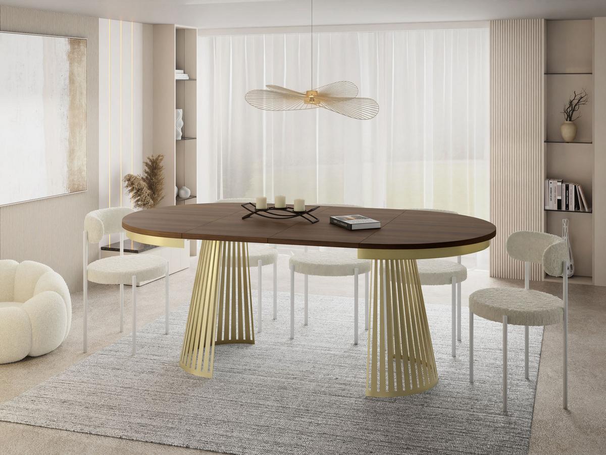 ESSTISCH Naro rund ausziehbar mit Goldem Lamellen-Metallgestell, Walnuss Braun 100-180/100/76 cm - Goldfarben/Walnussfarben, Holzwerkstoff/Metall (100/180/76cm) - WFL GROUP