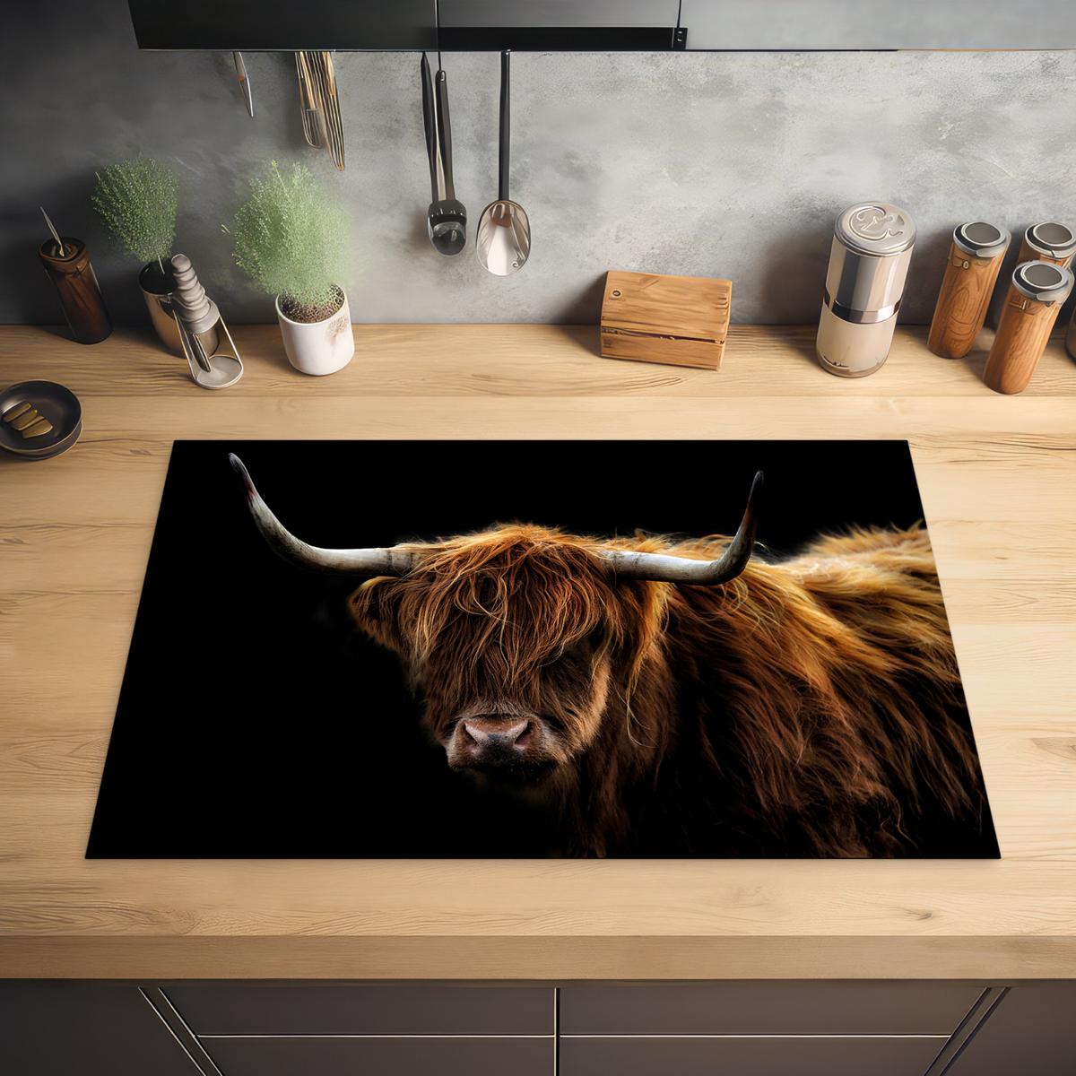 HERDABDECKPLATTE Schottischer Highlander - Hörner - Schwarz - Tiere - Natur - Wild - Kuh Induktionsschutz 80x52.2 cm - Cognac, Kunststoff (80.2/52.2/0.2cm) - MuchoWow