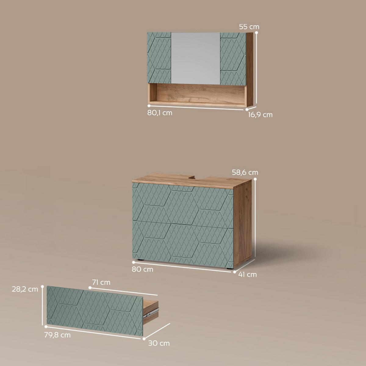 BADMÖBEL-SET Ronco Grün/Goldkraft Eiche 2 Teile, Unterschrank 80 cm - Honigeiche/Grün, Holzwerkstoff (80/58/41cm) - Livinity®