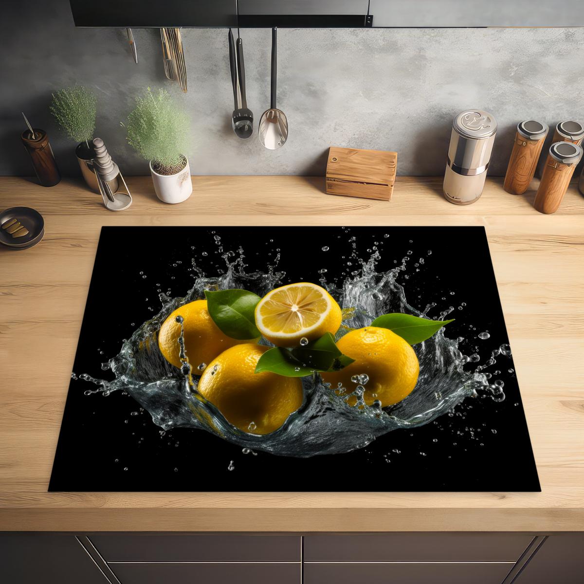 HERDABDECKPLATTE Zitrone - Obst - Gelb - Schwarz Induktionsmatte 77x59 cm - Gelb, Kunststoff (77/59/0.2cm) - MuchoWow