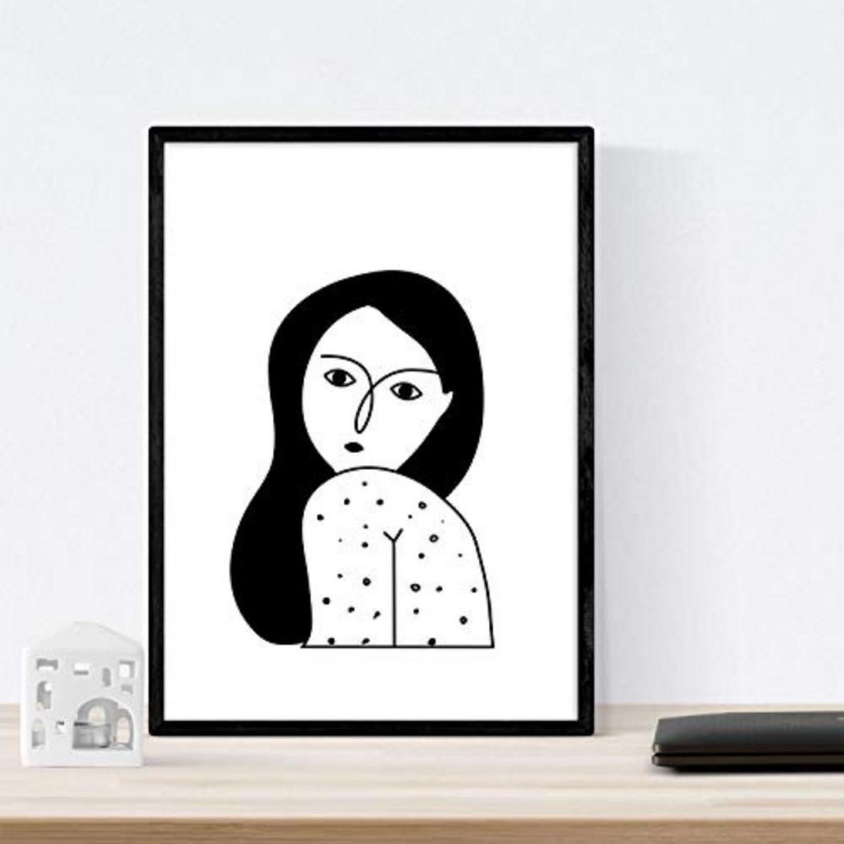 POSTER Set mit 4 „Vier Frauen“ Zeichnungen von Frauen A4 Schwarzer Rahmen - Schwarz, Papier (29.7/3cm) - Nacnic