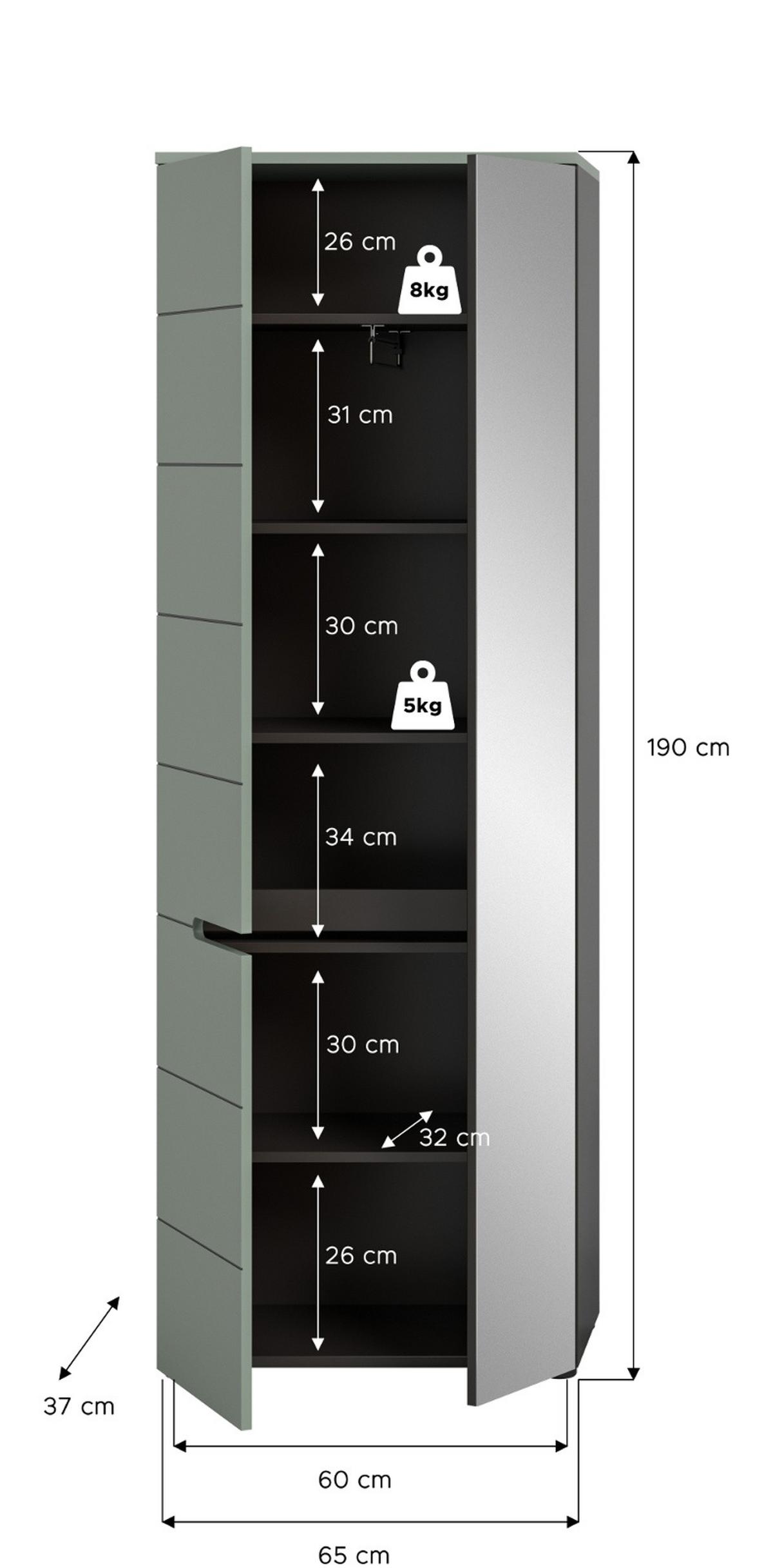 GARDEROBENSCHRANK Salbei Grün und Basalt Grau, Schuhschrank 65 x 190 cm, variable Inneneinteilung und Soft-Close - Salbeigrün/Schwarz, Holzwerkstoff/Kunststoff (65/190/37cm) - Inn.Furn