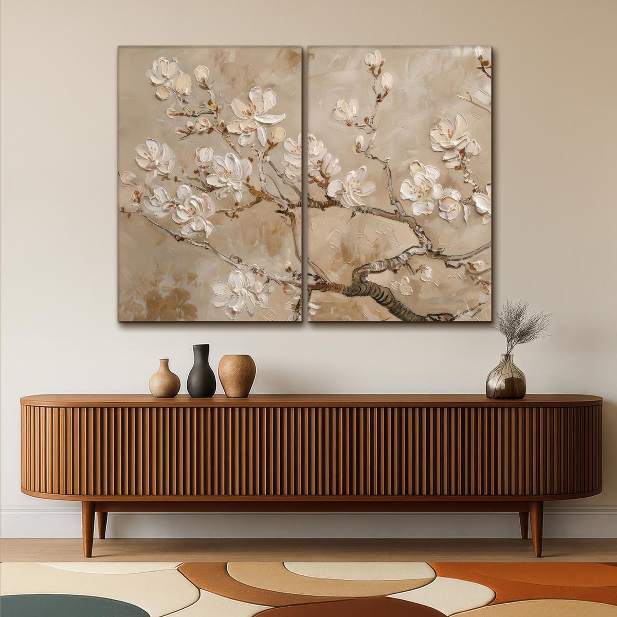 LEINWANDBILD 2er Set Beige - Blüte - Modern 160x120 cm - Beige, Textil (160/120cm) - MuchoWow