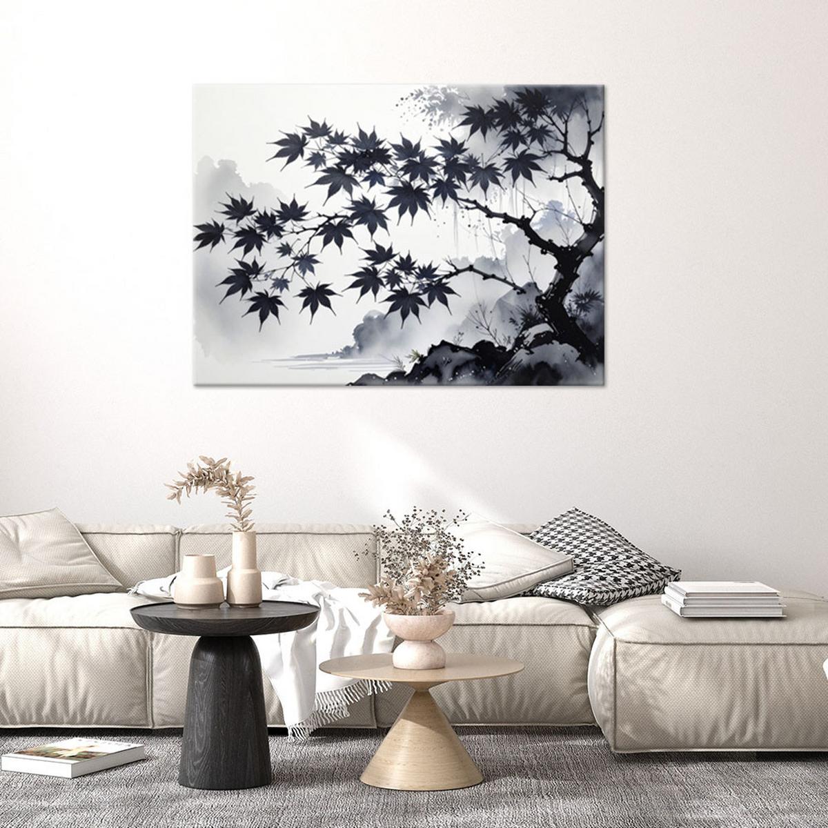 BILD auf Leinwand, Schwarze Ahornblätter auf weißem Hintergrund - Schwarz, Textil (100/70cm) - Feeby