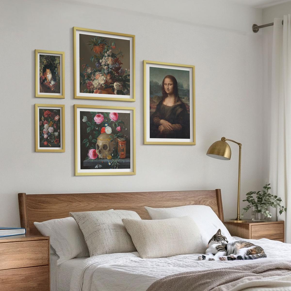 BILDER SET 5er Set - 50x50 cm & 20x30 cm & 40x60 cm Goldrahmen - Vintage Blumen Totenkopf Mona Lisa - Goldfarben, Kunststoff (40/60cm) - TULUP