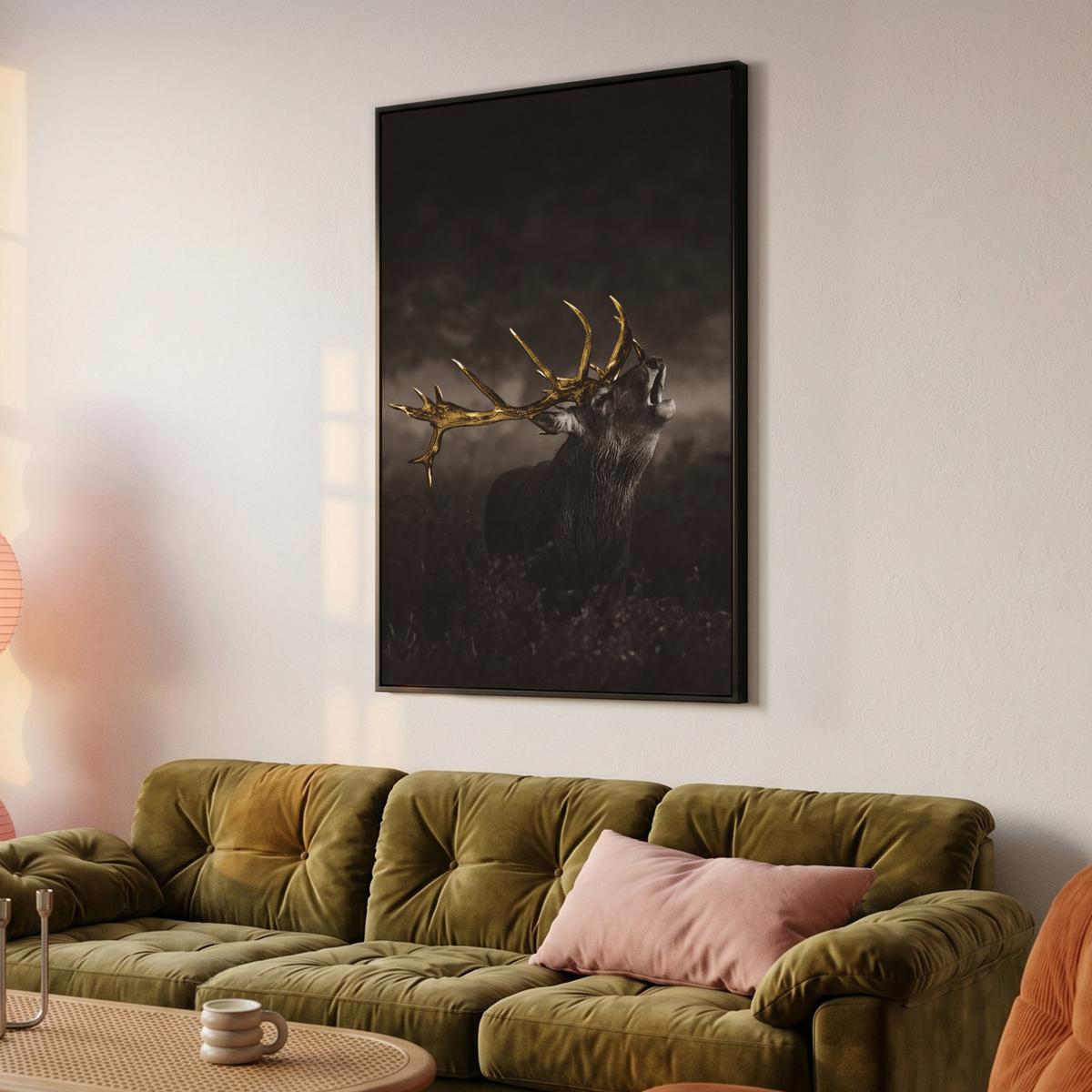 LEINWAND Bilder mit Rahmen - Rotwild - Schwarz - Gold - 90x140 - Braun, Textil (90/140cm) - MuchoWow