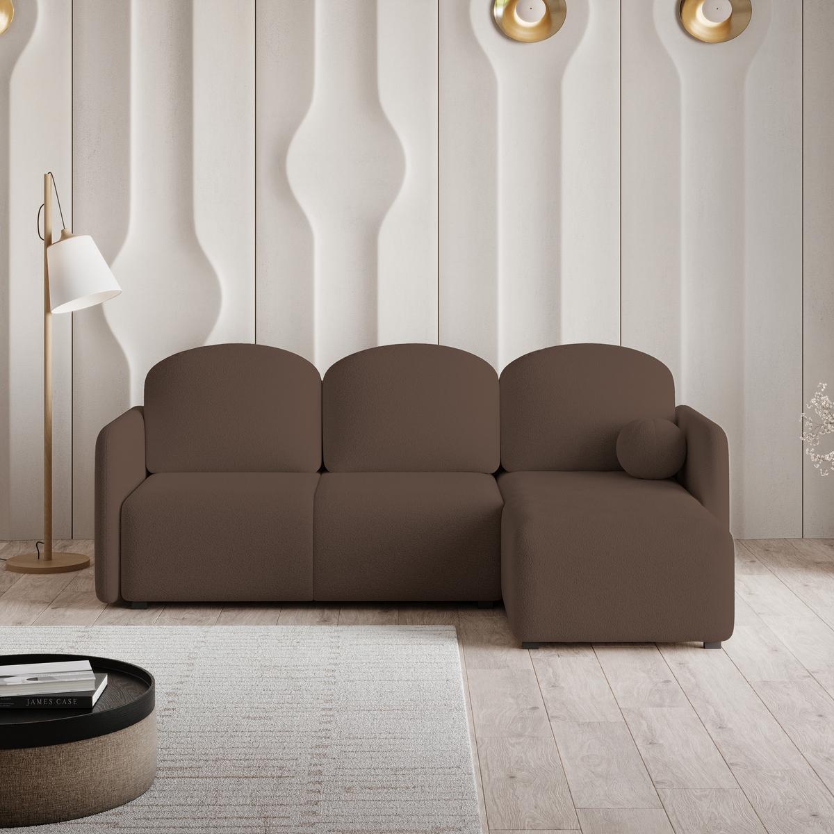 ECKSOFA SUVINO Braun Boucle-Stoff mit Schlaffunktion - Braun, Holz (230/143cm) - MASSENO