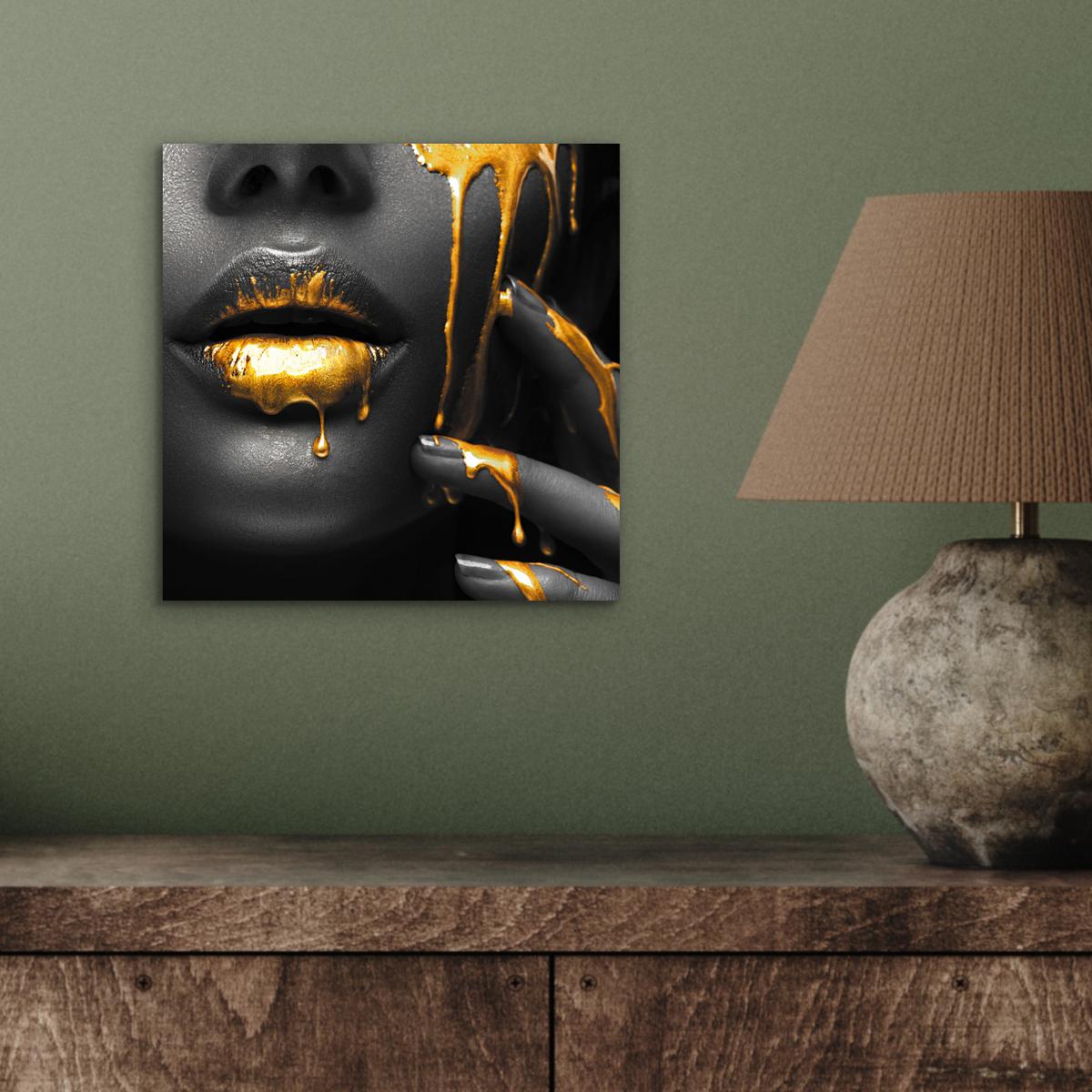 METALLBILD Frau - Schwarz - Gold - Gesicht - Lippen 20x20 cm - Goldfarben, Metall (20/20cm) - MuchoWow