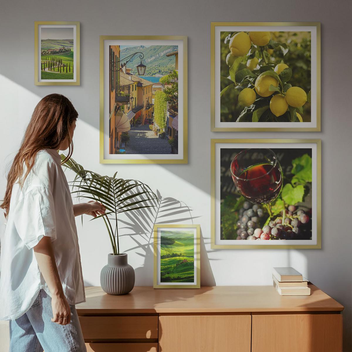 BILDER SET 5er Set - 50x50 cm & 20x30 cm & 40x60 cm Goldrahmen - Italienische Landschaften, Zitrushügel - Goldfarben, Kunststoff (40/60cm) - TULUP