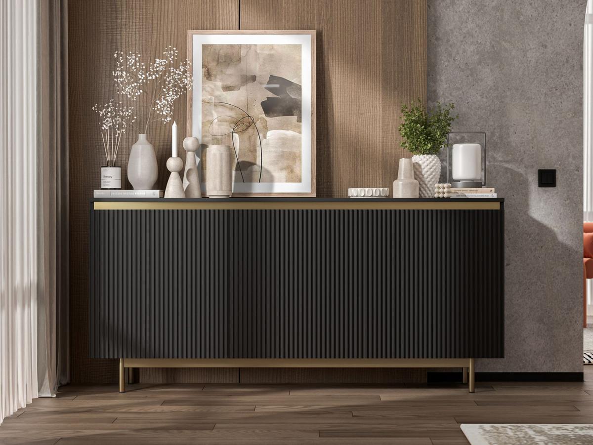 KOMMODE Selene 3D Schwarz matt 167 cm mit goldenem Metallrahmen - Goldfarben/Schwarz, Holzwerkstoff/Metall (167/79/35cm) - Meble Lindner