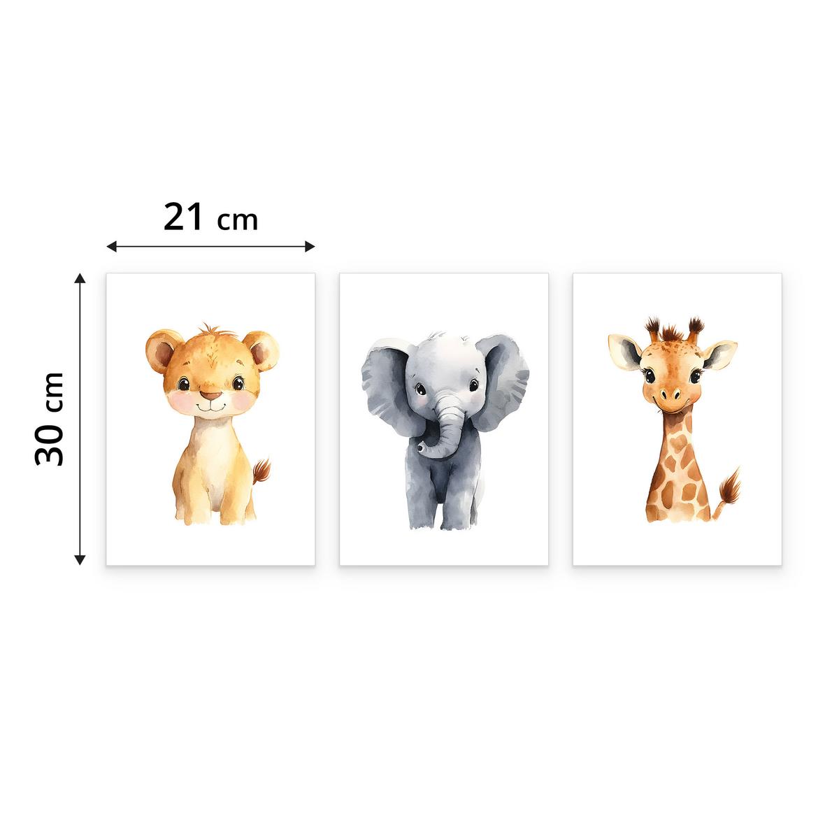 POSTER SET für Kinderzimmer WILDETIERE Löwe Elefant Giraffe 3x Poster A4 21x30cm - Gelb/Orange, Papier (21/30/1cm) - Muralo