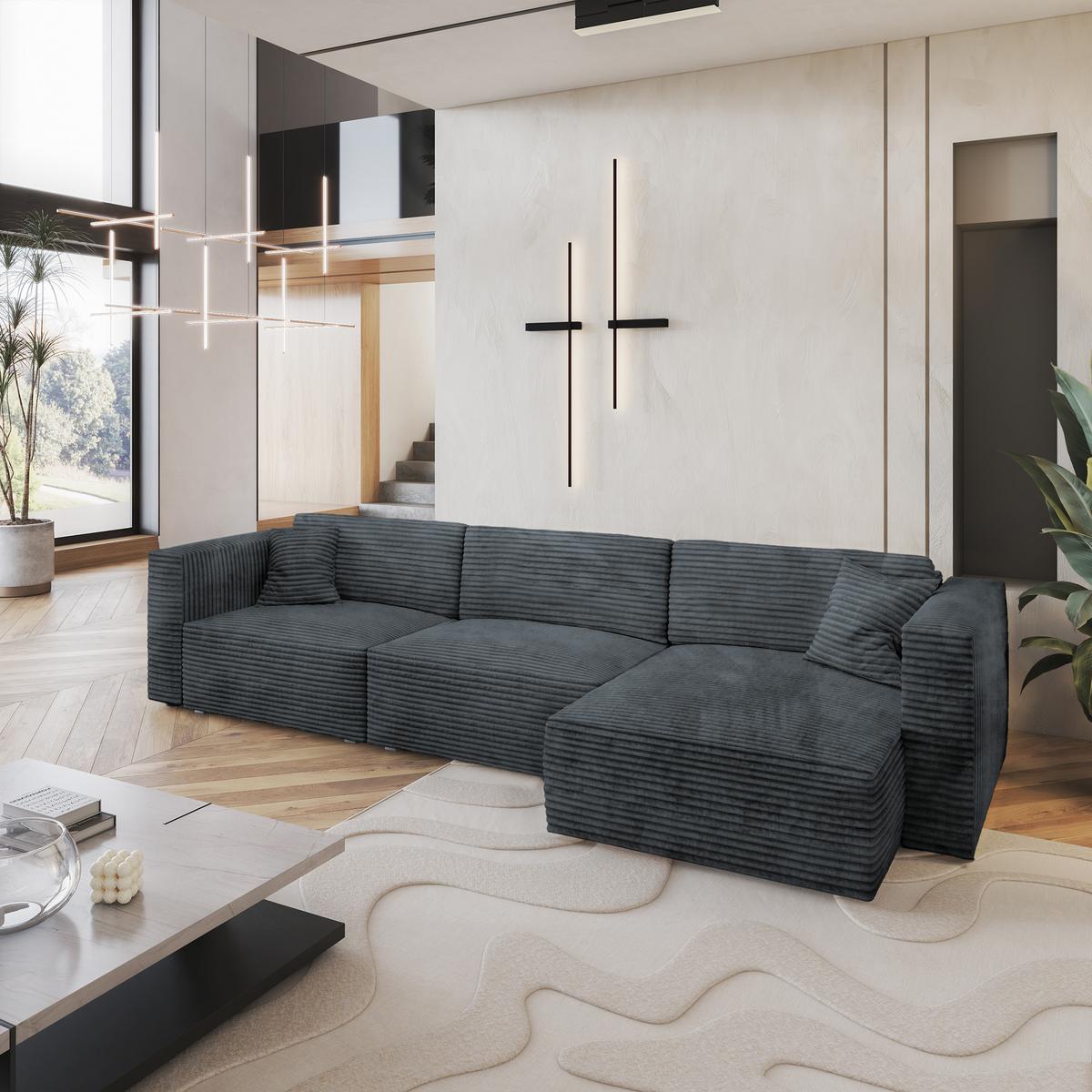 ECKSOFA TOLMO Grau Kordstoff mit Schlaffunktion - Grau, Holz/Kunststoff (347/148cm) - MASSENO
