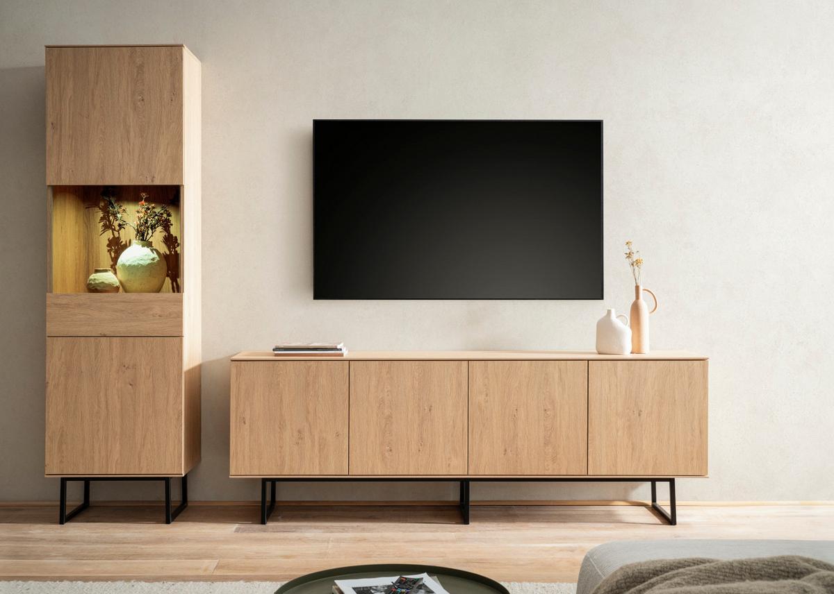 WOHNWAND Stone Eiche, Wohnzimmer Set mit TV Lowboard 200 cm und Vitrinenschrank, Push-Open-Funktion - Eichefarben/Schwarz, Holzwerkstoff/Metall (270/200/40cm) - Furn.Design
