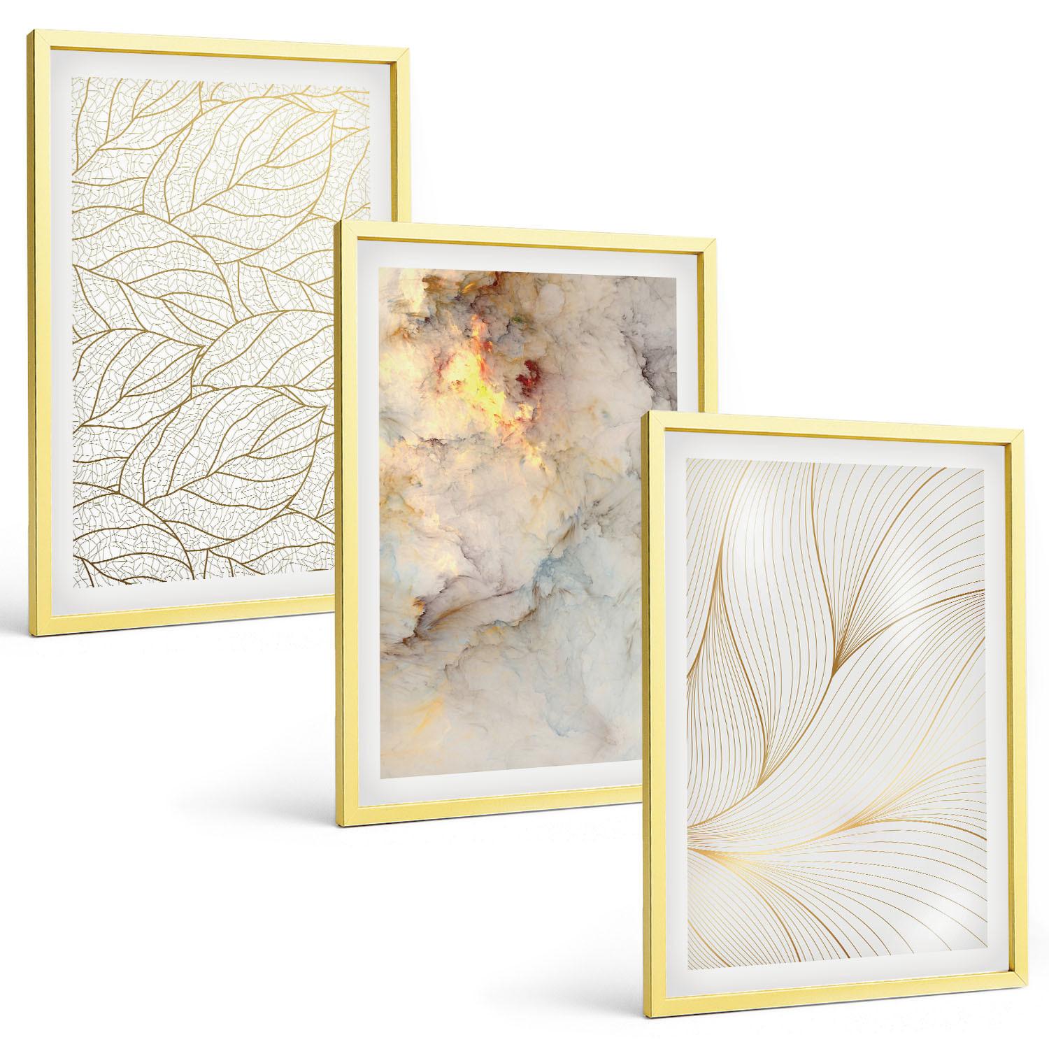 BILDER SET 3er Set - 40x60 cm Goldrahmen - Blättermuster Marmor abstrakt - Goldfarben, Kunststoff (40/60cm) - TULUP