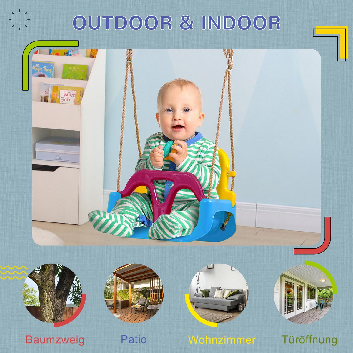 3-IN-1 Babyschaukel, Kinderschaukel mit verstellbarem Seil, Schaukelsitz, Blau - Multicolor, Kunststoff (33/42cm) - Outsunny
