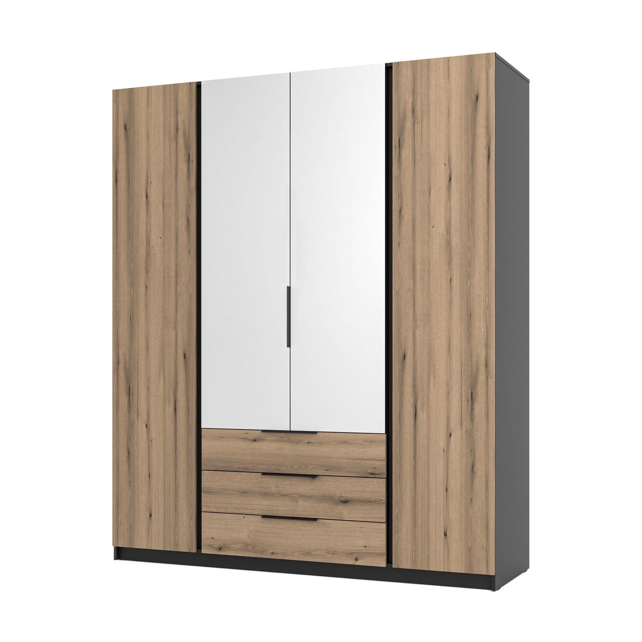 DREHTÜRENSCHRANK CAGLIARI 200/239/61,9 cm 4-türig mit Spiegel Schwarz - Goldfarben/Schwarz, Holzwerkstoff (200/239/61.9cm) - MASSENO