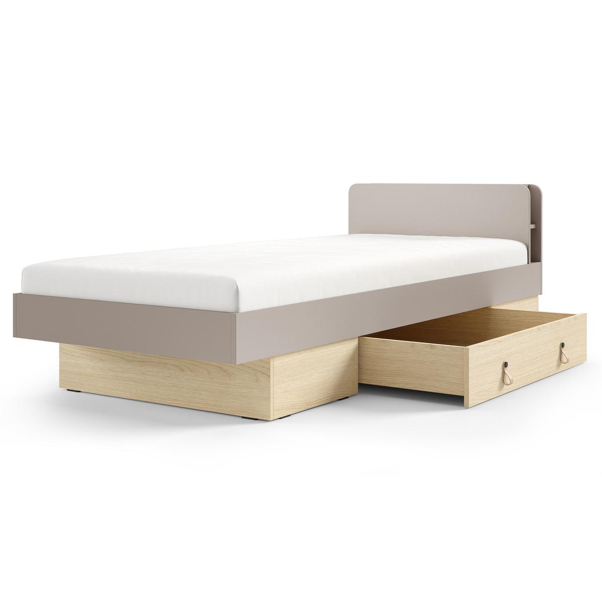 BETT Sorella 90x200 cm mit Lattenrost und Bettkasten-Schublade, mit Matratze 26 cm, Porcini + Eiche Mavelie - Eichefarben/Cappuccino, Leder/Holzwerkstoff (90/200cm) - Beautysofa