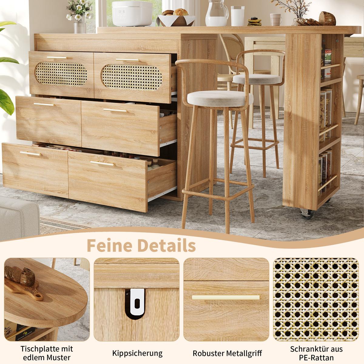 BARTISCH mit küchenbuffet 360° drehbar & 6 schubladen - Naturfarben, Holzwerkstoff (39/203/90cm) - Urban Meuble