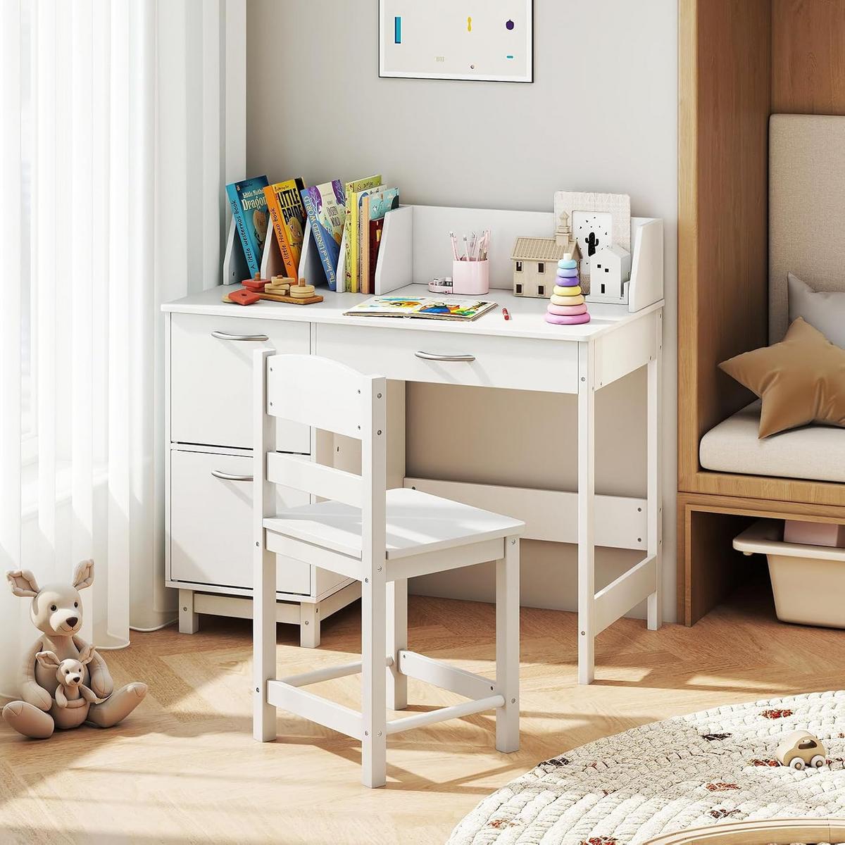 KINDERSCHREIBTISCH-SET mit Stauraum weiß(2-tlg) - Weiß, Holzwerkstoff (90/81/45cm) - COSTWAY
